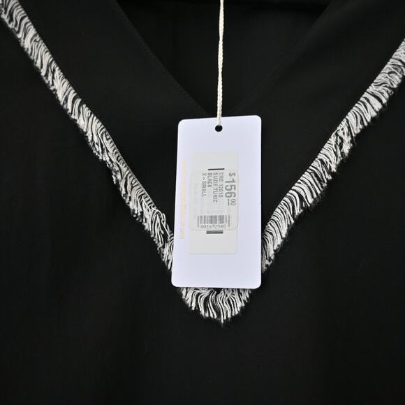 CROSBY Mollie Burch Suzie Tunic Top Black Sz XS Fringe V Neckline Short Sleeve - Picture 7 of 7